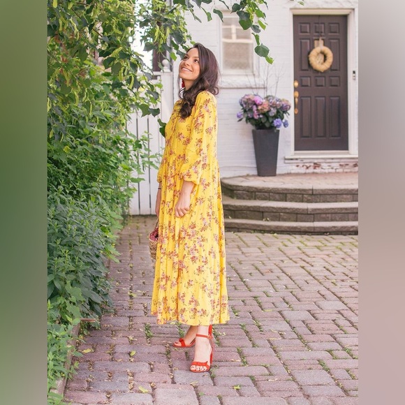 Zara | Floral Boho Yellow Tiered Midi Maxi Dress | Blogger Favorite | Size M - Picture 6 of 11